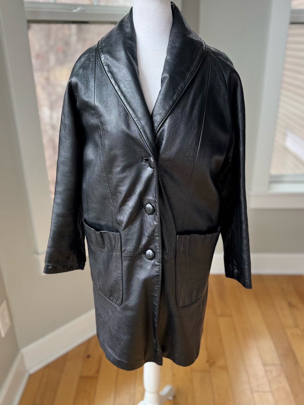 Vintage 70s 80s Black Genuine Leather Button Front Trench Coat Jacket